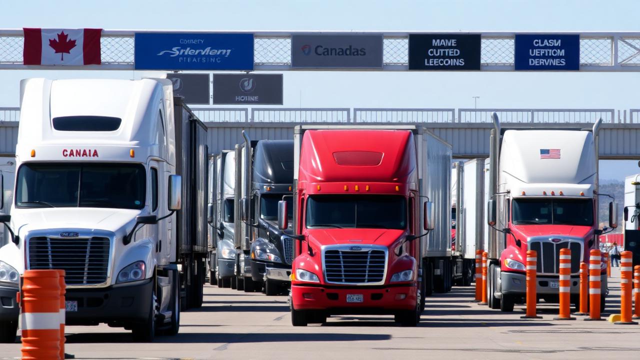 Transport trucks queued at a Canada-United States border crossing