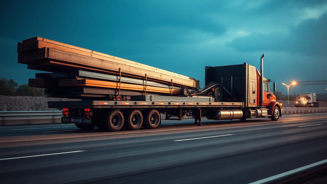 Flatbed trailer hauling structural steel on a highway