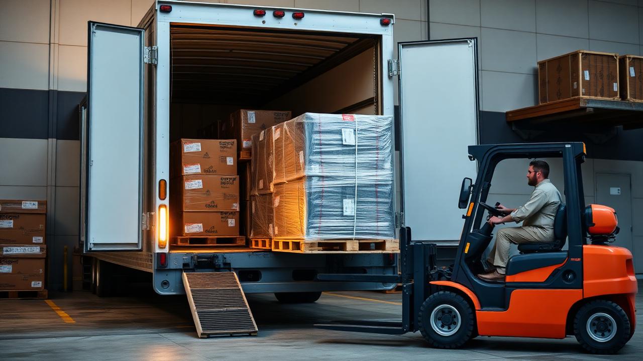 Forklift loading palletized LTL freight into a trailer at a dock